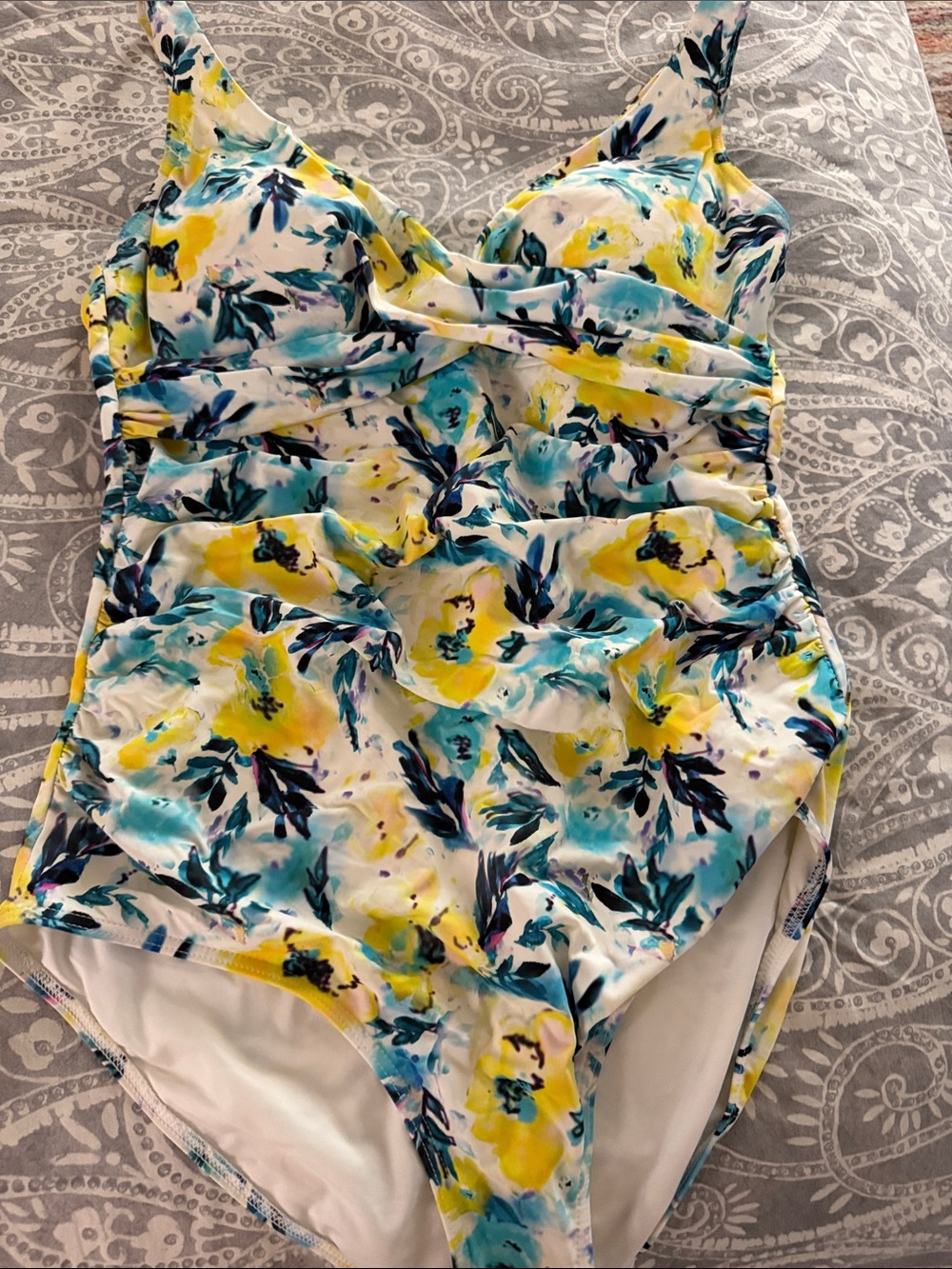 Floral Ruched One-Piece Swimsuit - Yellow & Blue